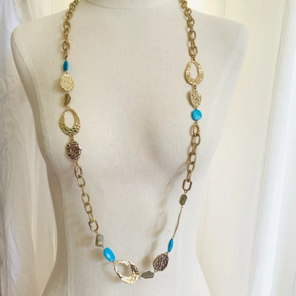 ALEXIS BITTAR • NEW Long Hammered Gemstone Mesh Custom Textured Link Necklace
